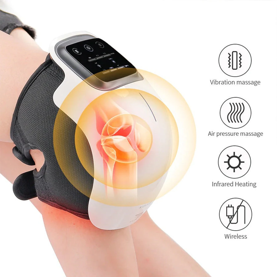 Illustratie van een kniemassageapparaat dat om de knie wordt gedragen, met een opengewerkte afbeelding