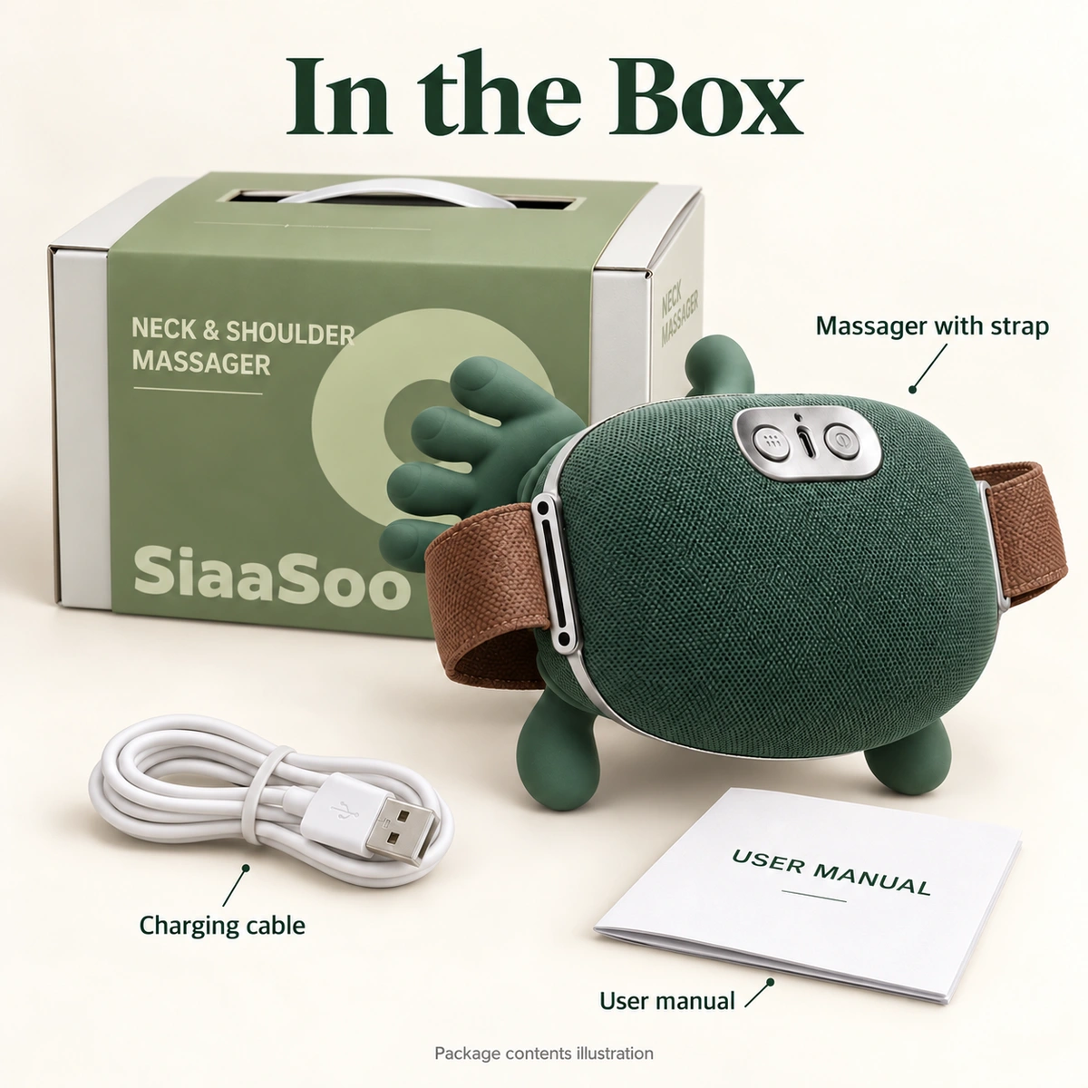 Package contents illustration: one neck massager with attached strap, charging cable, user manual and box