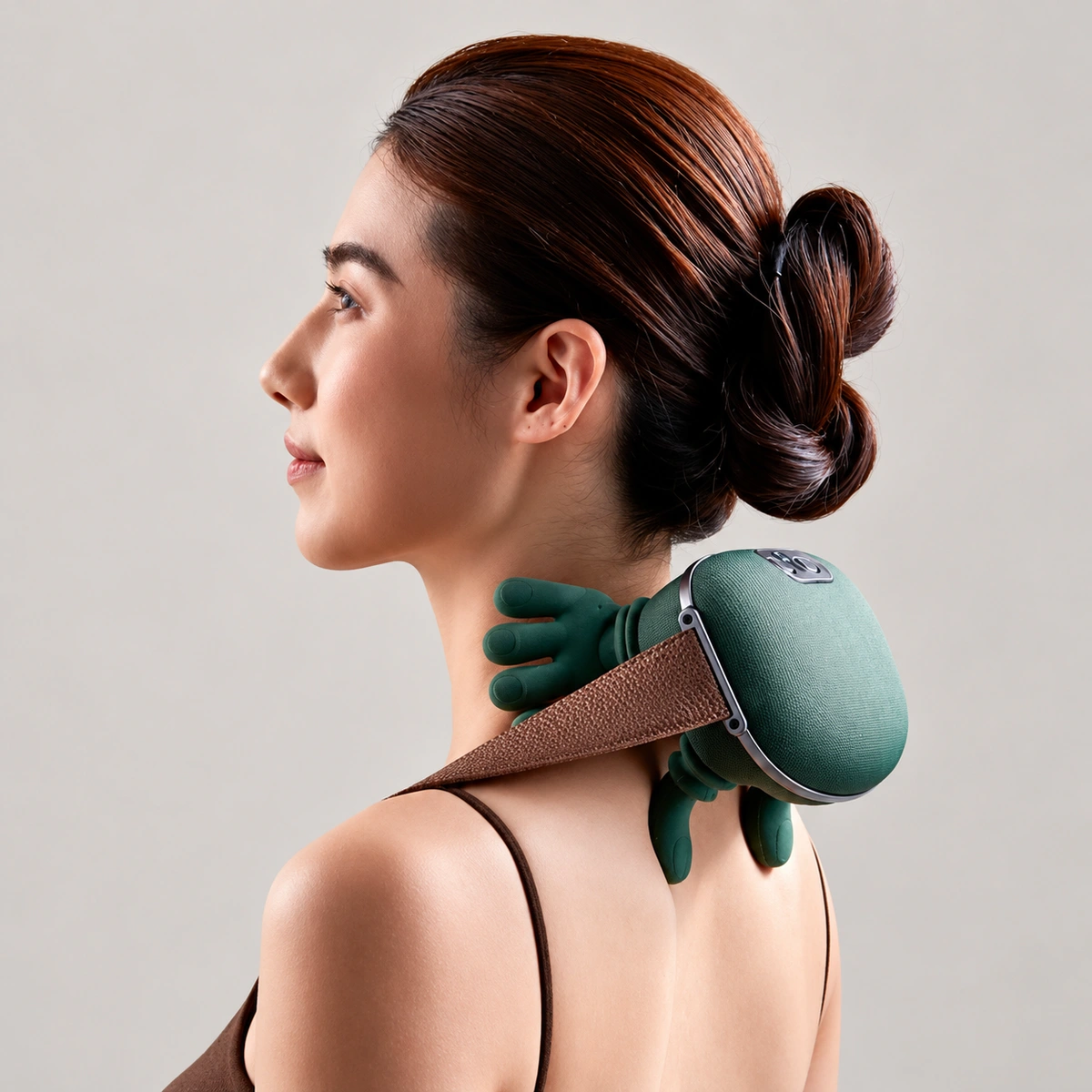 Seitenansicht des getragenen grünen Nackenmassagegeräts mit braunem Riemen