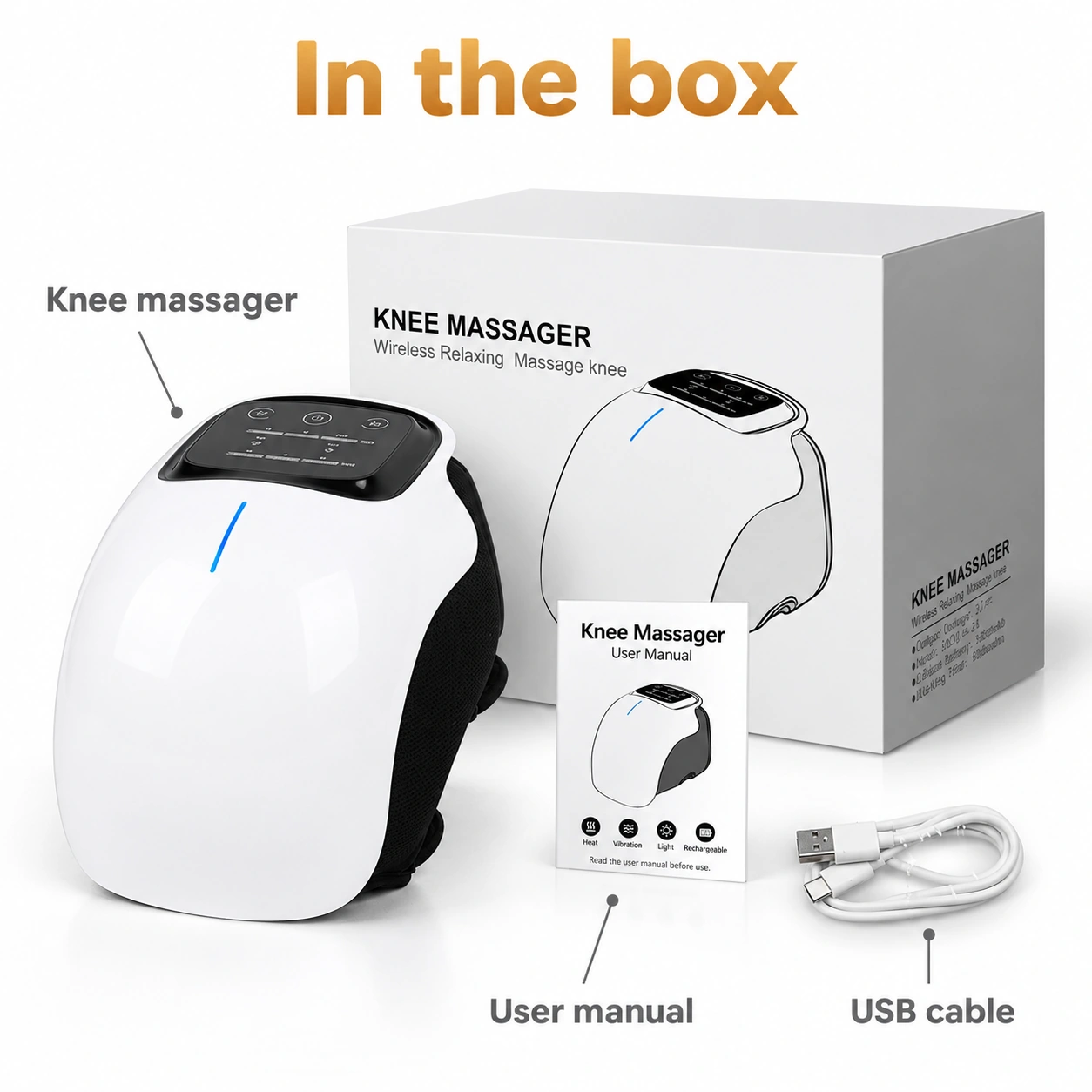 Verpakking van één exemplaar: kniemassageapparaat, gebruikershandleiding en USB-kabel