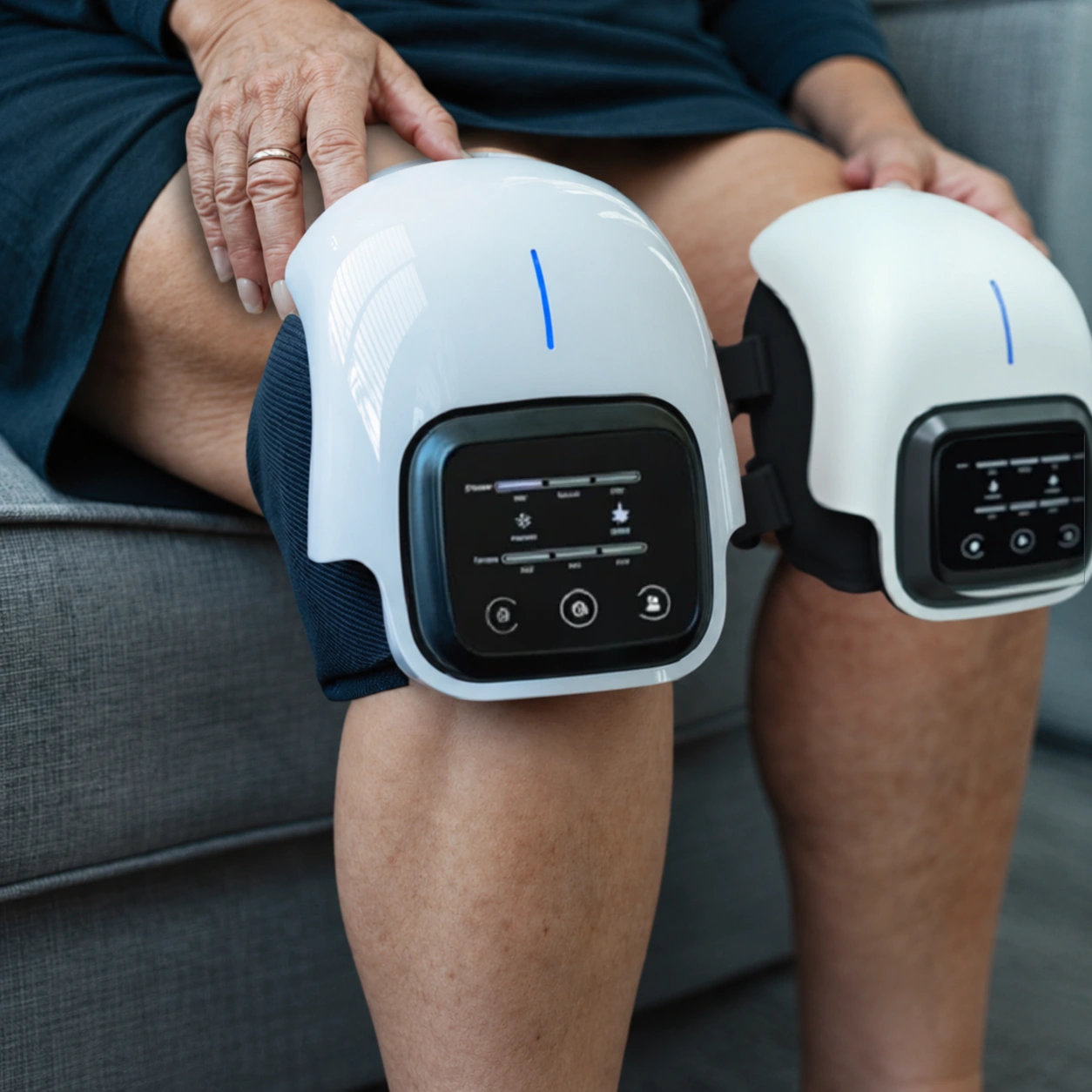 Close-up van kniemassagers die zittend worden gedragen