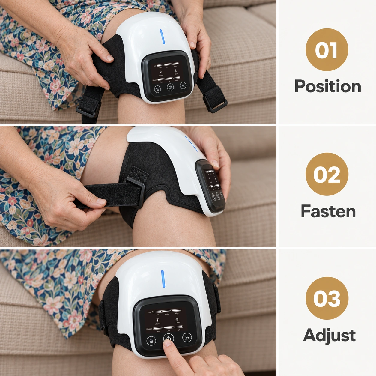 Draaginstructies: plaats het apparaat rond de knie, maak de banden vast en gebruik vervolgens de bediening