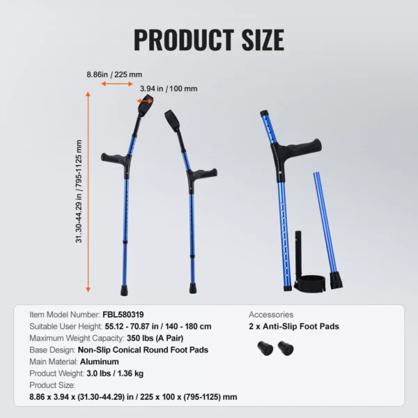 Aluminum Forearm Crutches with Adjustable Height & Cuffs - Image 6