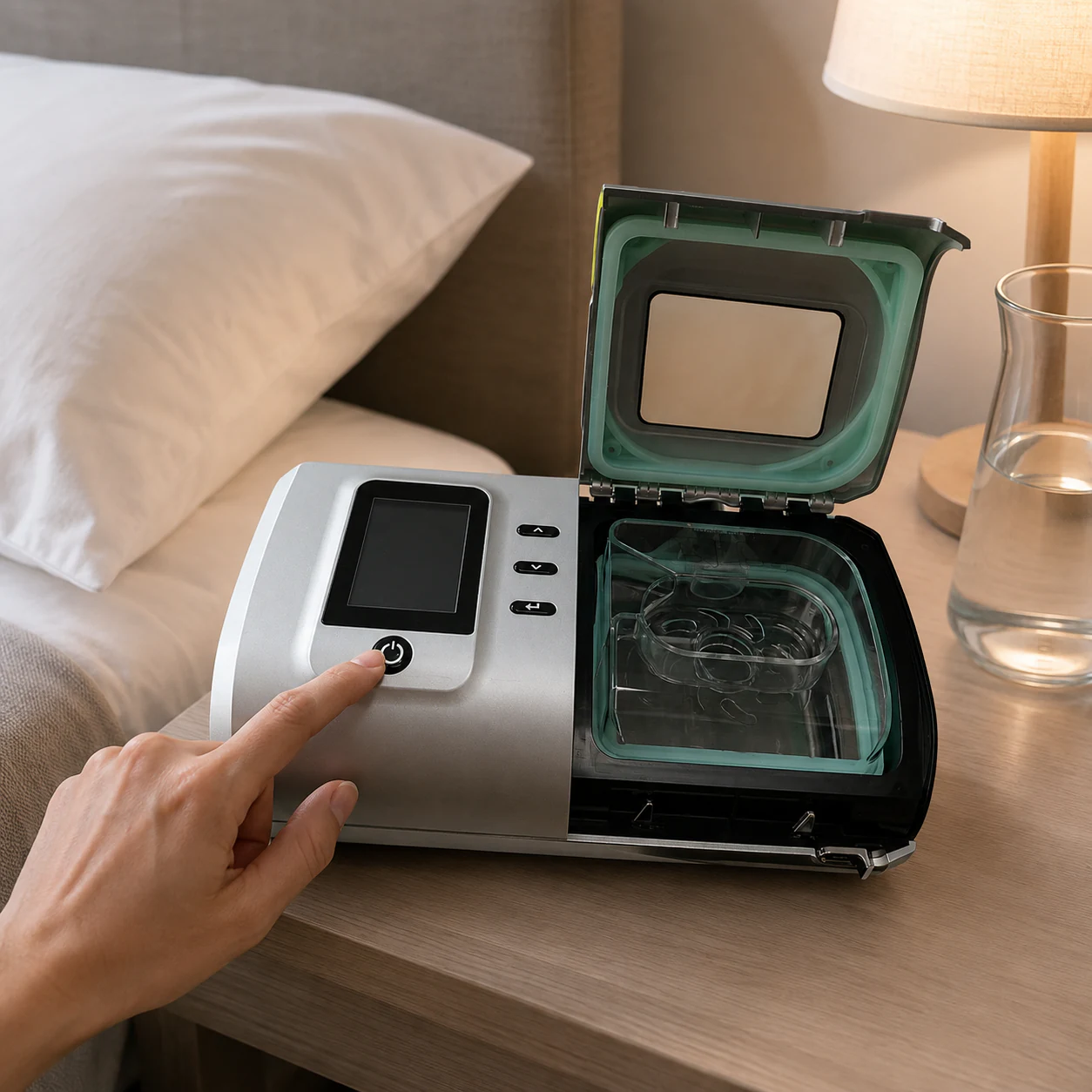 User preparing the CPAP machine and humidifier at bedtime