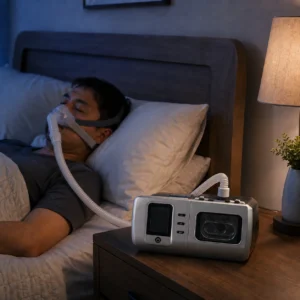 CPAP machine connected to a sleeping user in a bedroom