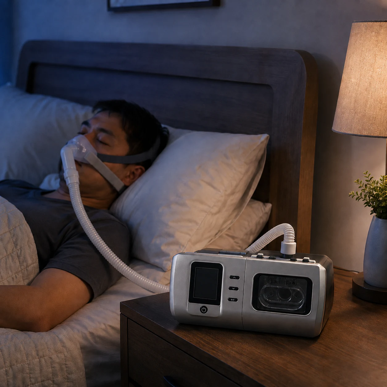 CPAP machine connected to a sleeping user in a bedroom