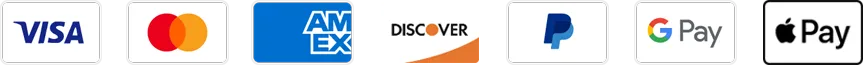 Visa, Mastercard, American Express, Discover, PayPal, Google Pay i Apple Pay