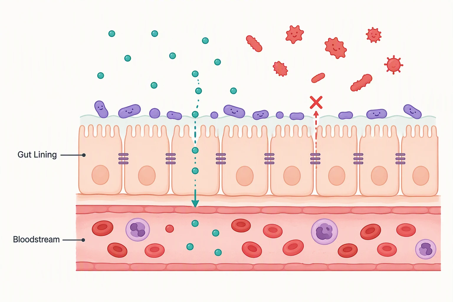 Diagram showing the gut barrier and gut lining selectively allowing nutrients through while blocking harmful particles