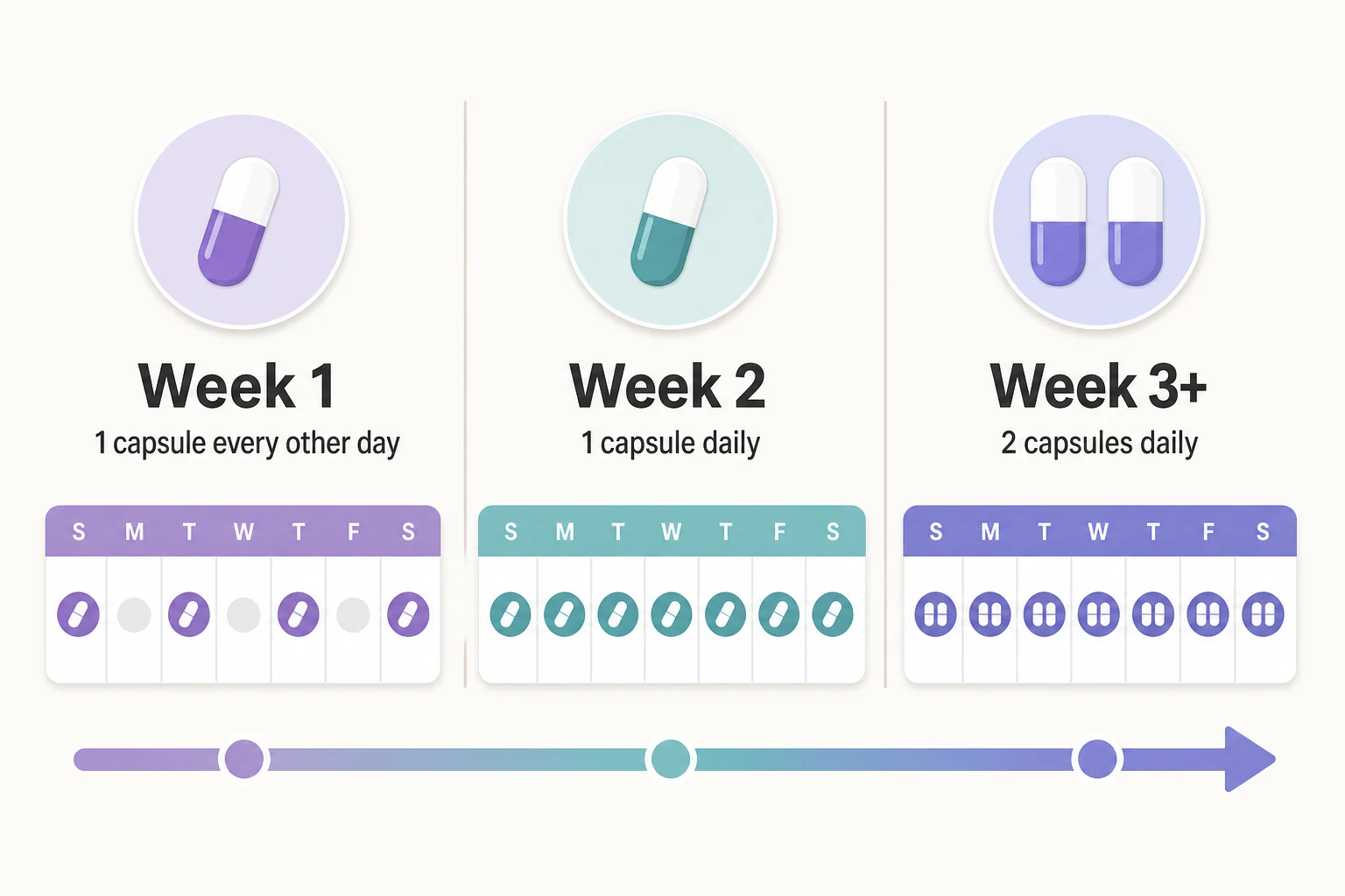 MegaSporeBiotic 3 week dosing schedule infographic: week 1 every other day, week 2 daily, week 3 plus twice daily