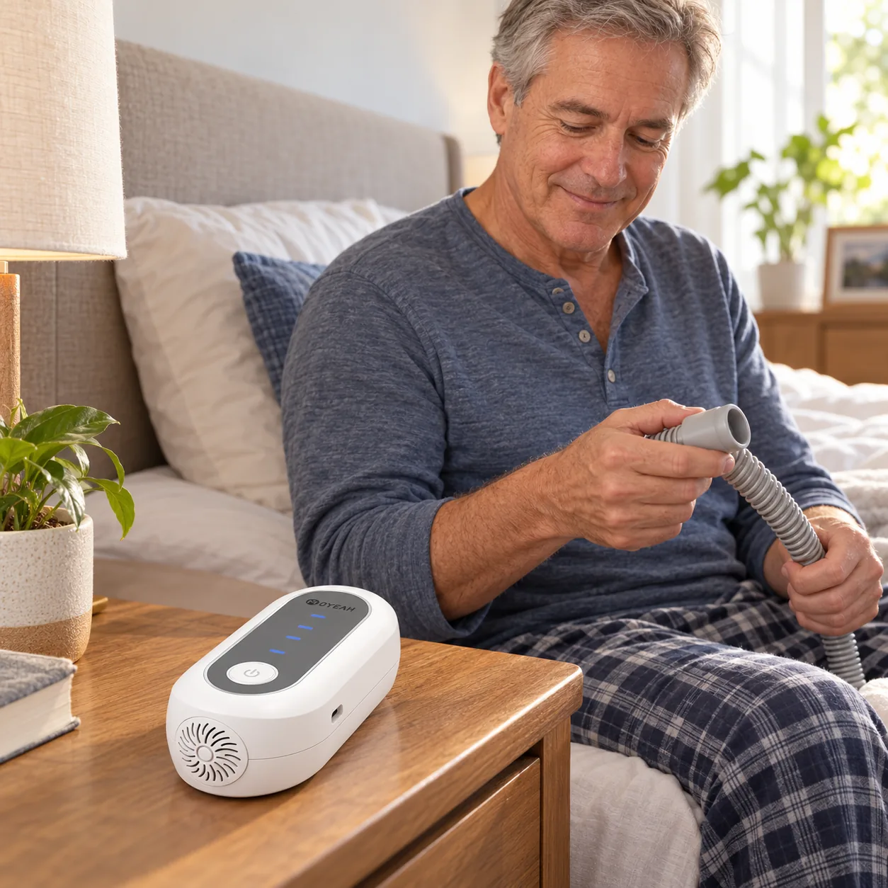 Adulto preparando el tubo de CPAP junto al limpiador de CPAP portátil compacto OYEAH