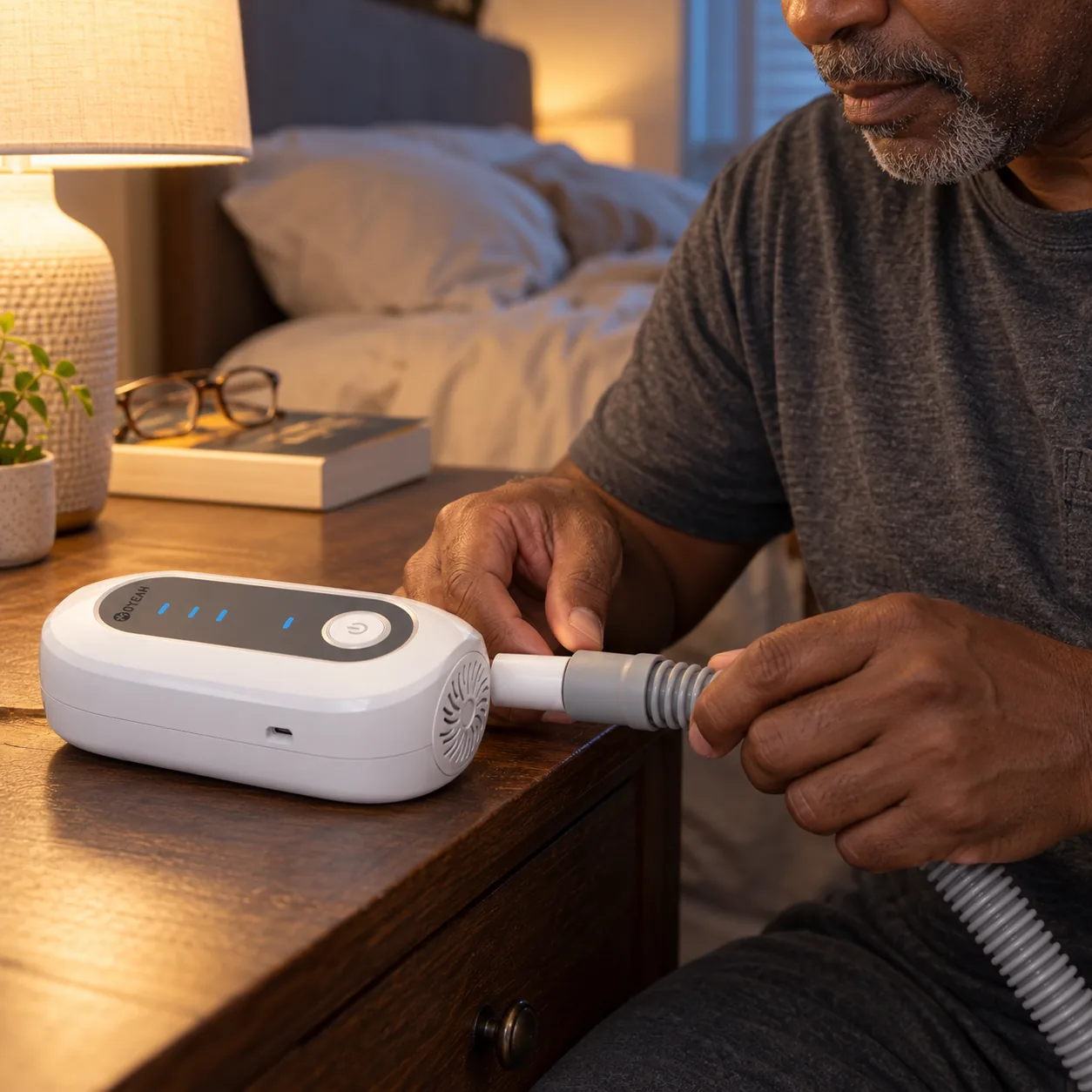 Adulto conectando el tubo de CPAP seco al limpiador portátil compacto OYEAH
