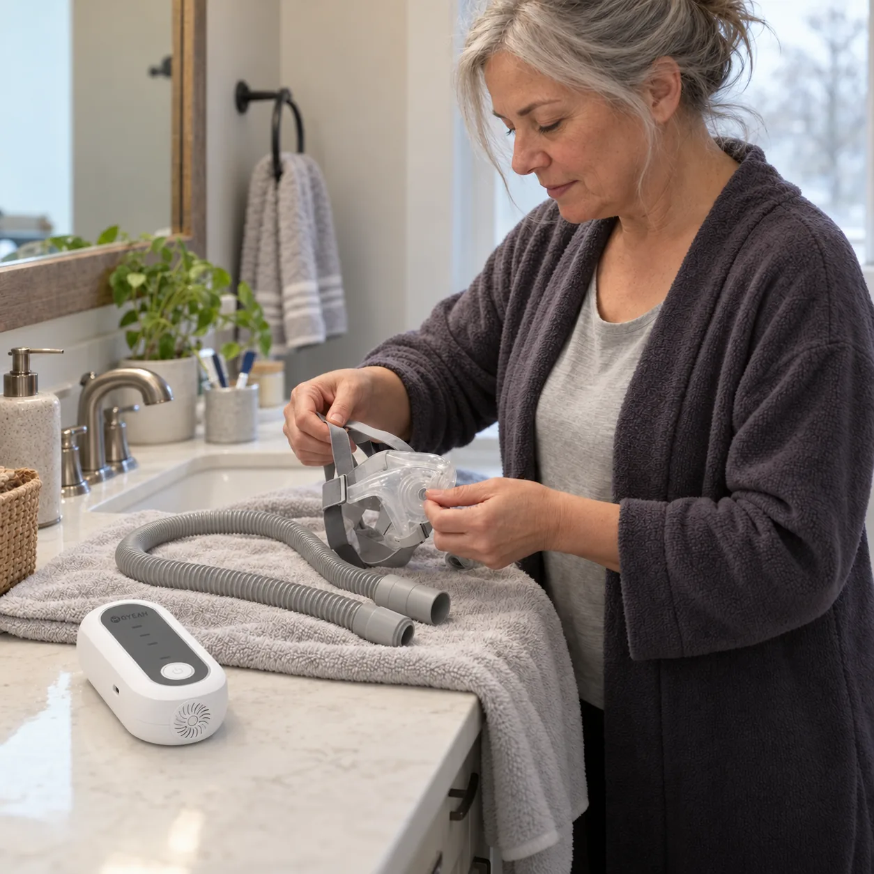 Mujer lavando y secando al aire los accesorios de CPAP junto al limpiador OYEAH apagado