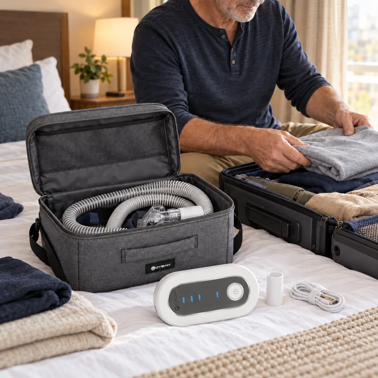 Viajero guardando el limpiador de CPAP portátil OYEAH y la bolsa de almacenamiento gris