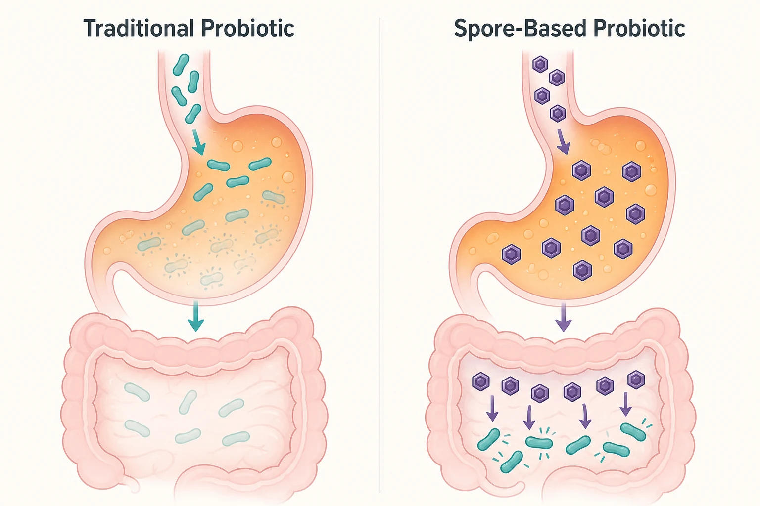 Diagram comparing spore-based probiotic survival through stomach acid versus traditional probiotics
