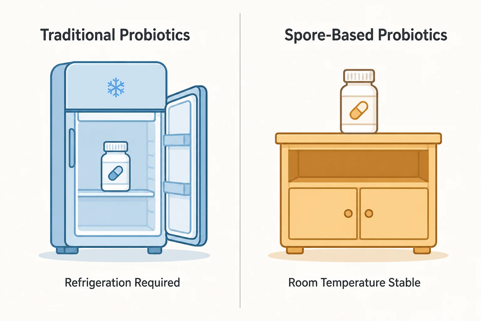 Comparison diagram showing traditional probiotics require refrigeration while spore-based probiotics are room temperature stable
