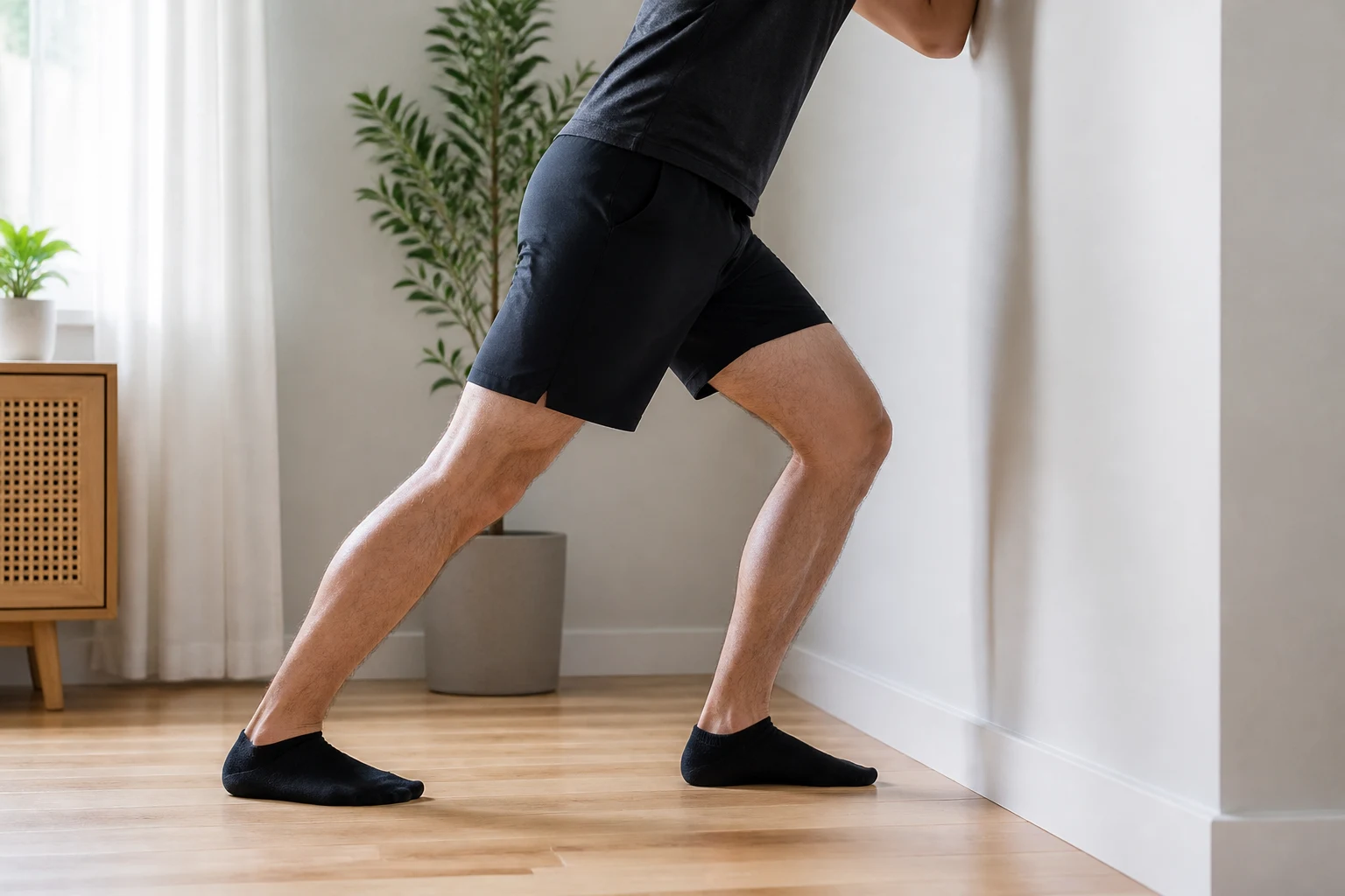 Person doing a calf and plantar fascia stretch against a wall