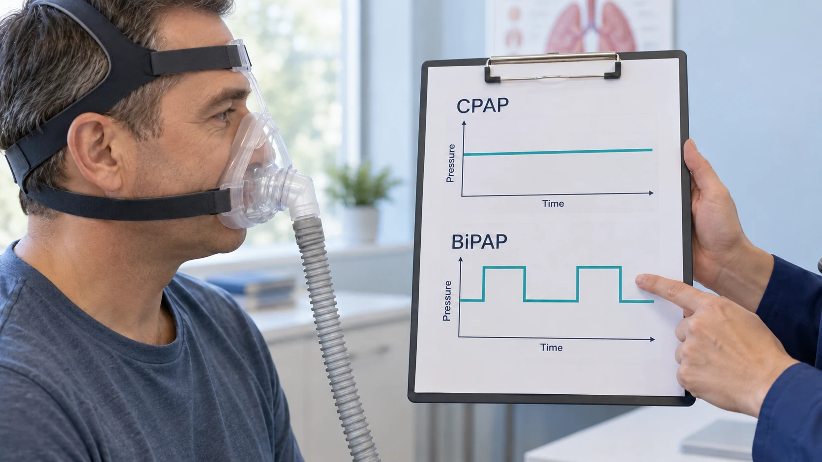 Illustrative PAP education scene: a person wearing a mask looks at a teaching sheet comparing fixed CPAP pressure with two-level BiPAP pressure.