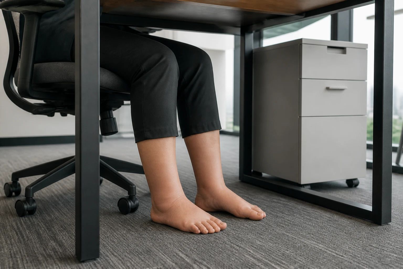 Bare feet under an office desk after a long day of sitting