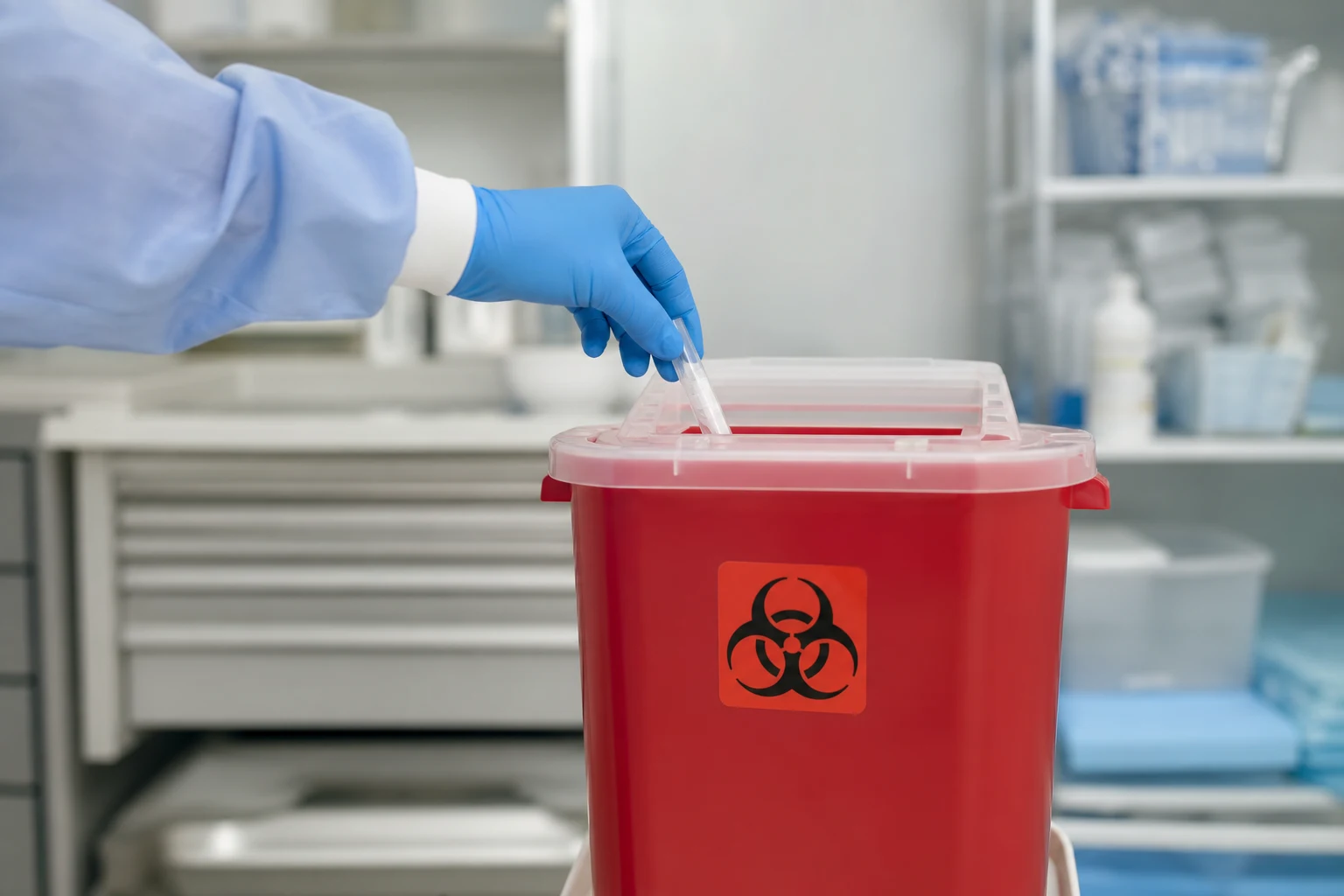 Gloved hand placing a used single-use medical device into a biohazard sharps container