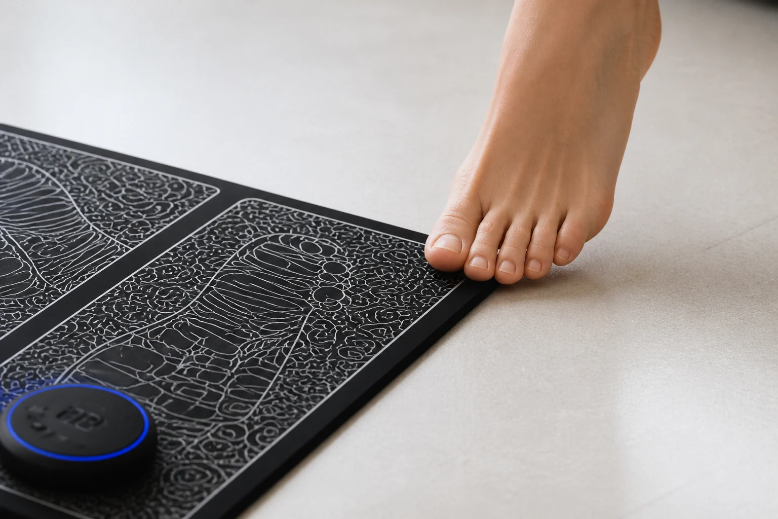 Bare foot making light first contact with the corner of an EMS foot massager mat