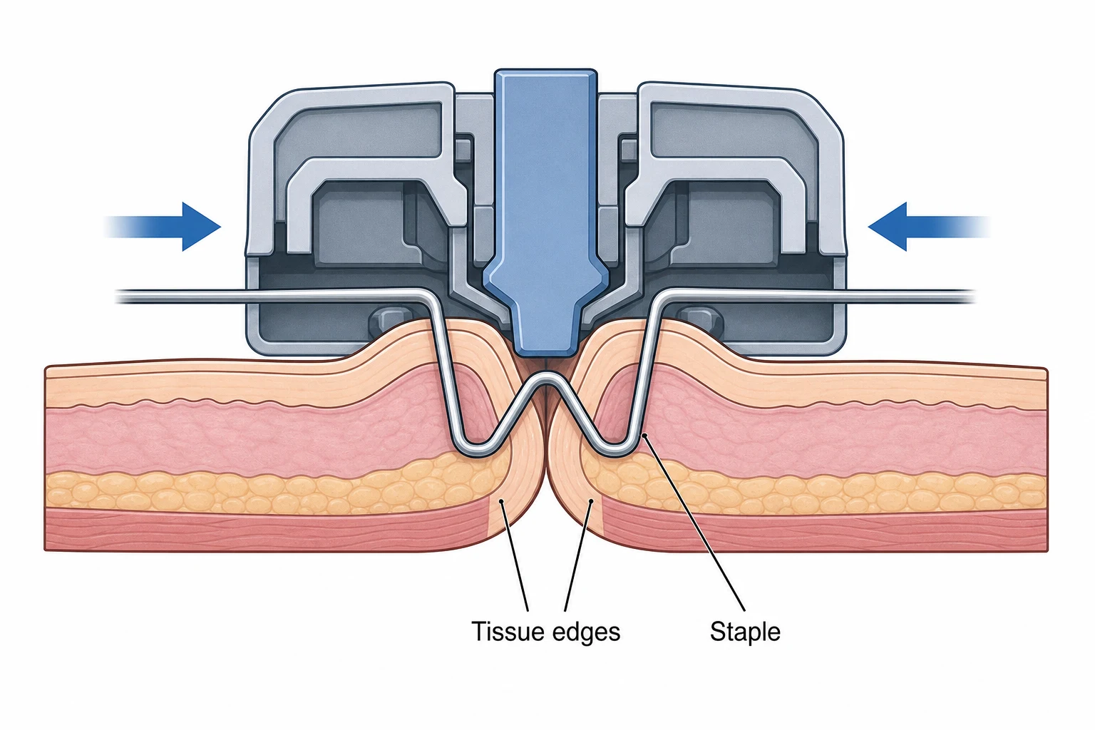 Cross-section diagram showing how a wire staple closes two tissue edges of a skin wound