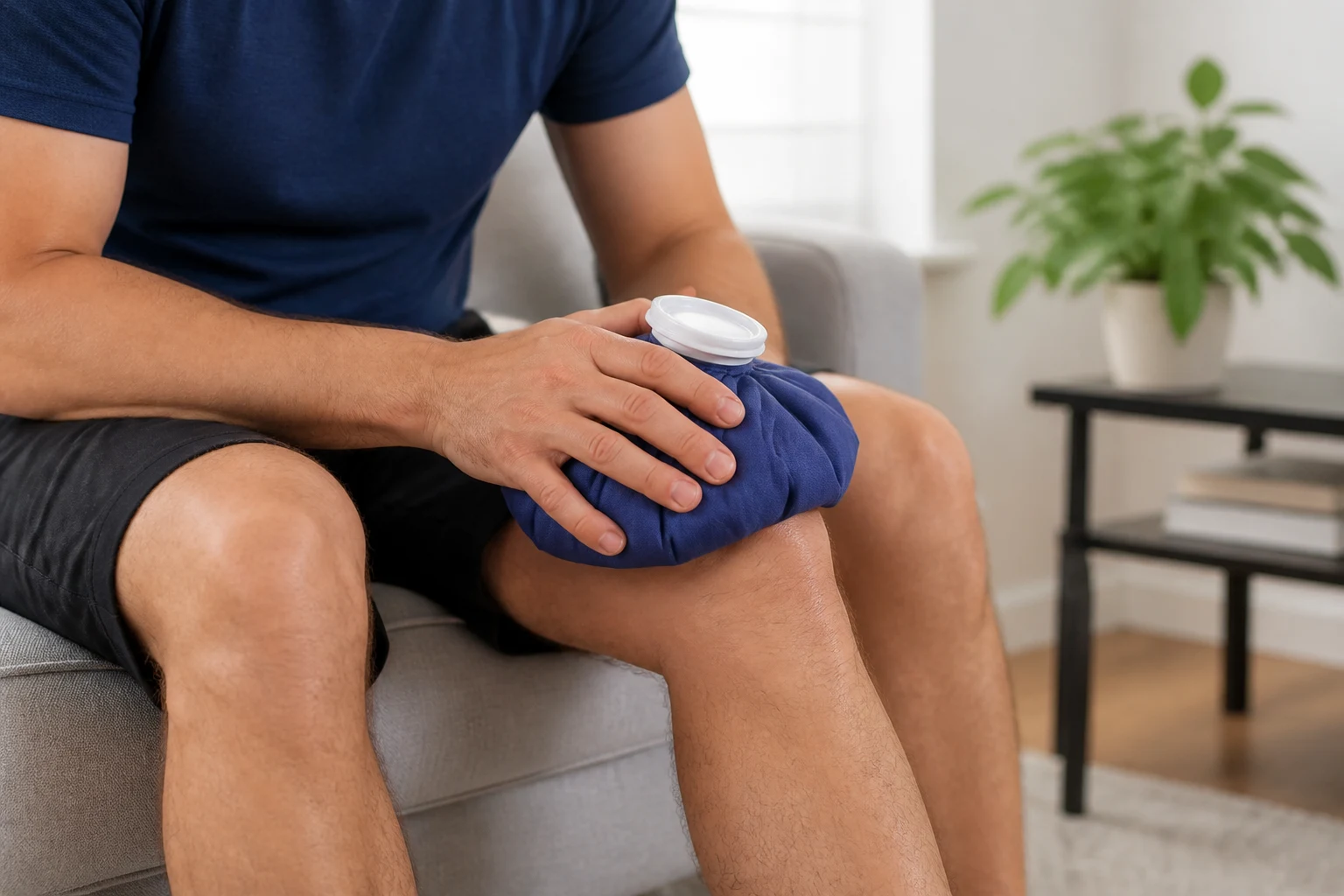 Person applying an ice pack to a knee, representing cold therapy for acute injury
