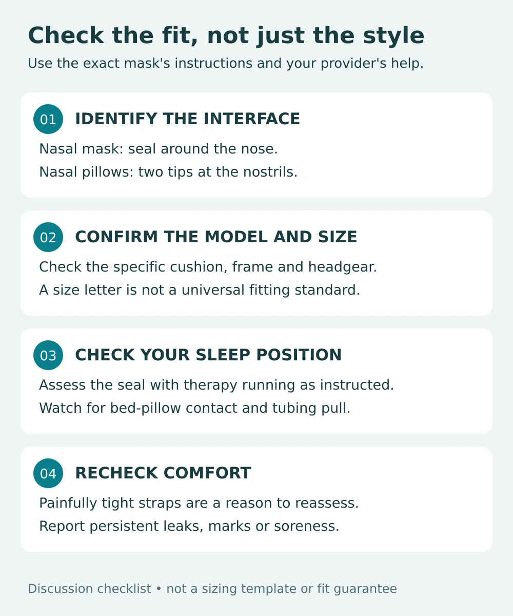 Four fitting checks: identify the interface, confirm the model and size, check the seal in your sleep position, and reassess comfort.