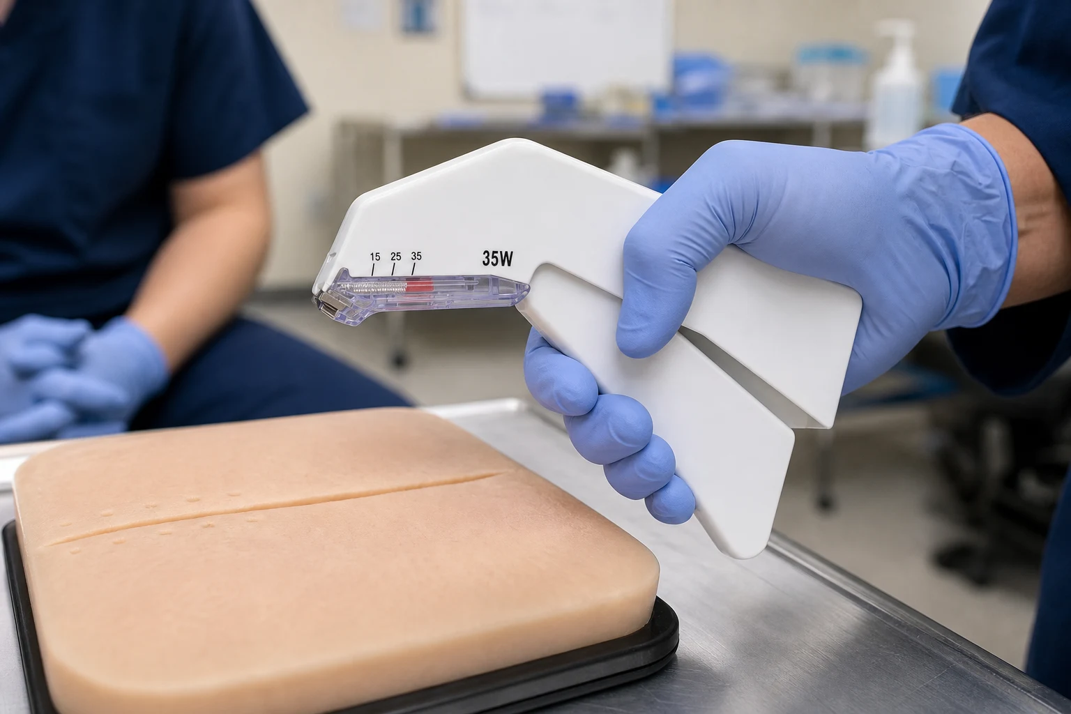 Clinical skills training session demonstrating the real skin stapler with wedge body and hinged trigger handle on a silicone pad