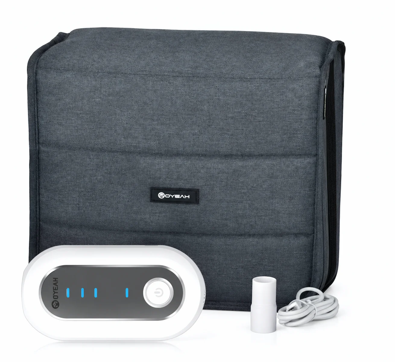 Przenośny czyścik CPAP OYEAH z szarą torbą do przechowywania, adapterem i przewodem USB
