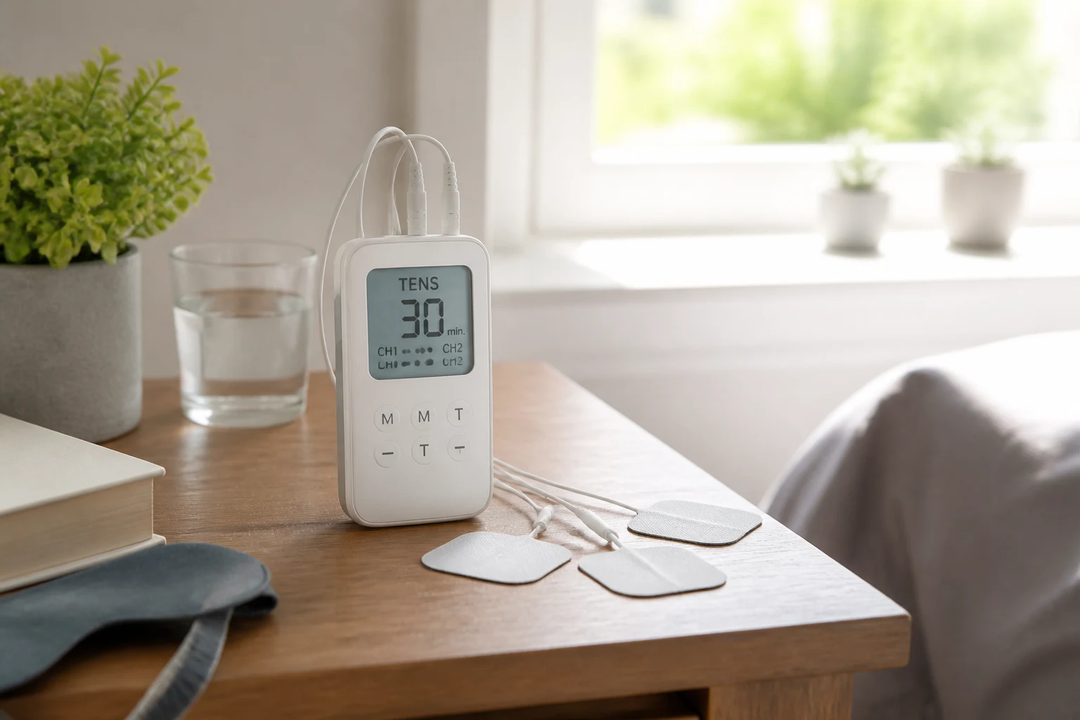 A TENS unit with electrode pads set up on a nightstand for a morning pain management routine